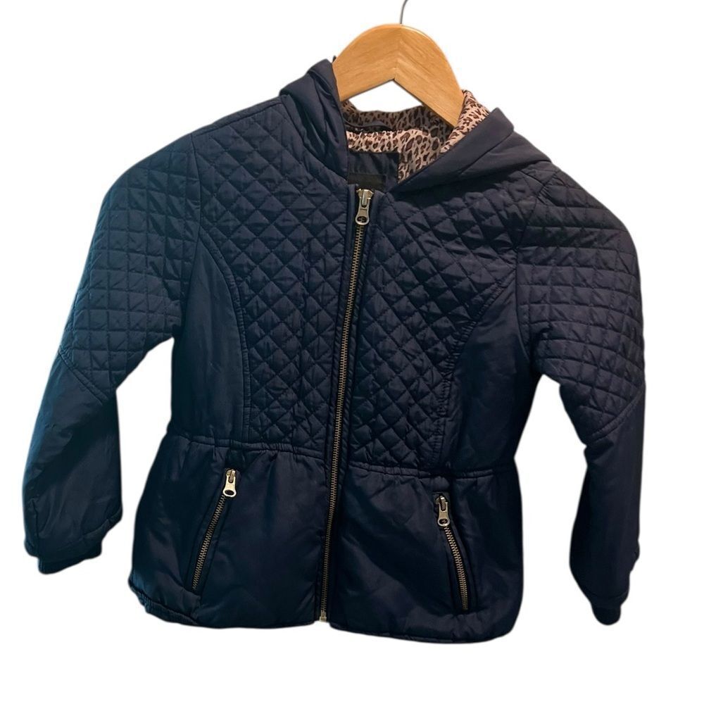 B·HIP by Me Jane Girls Quilted Hooded Jacket Navy Leopard Lining Size 6X